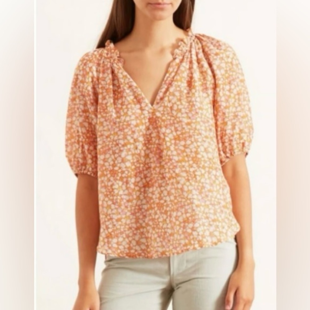 Xirena puff sleeve v-neck cotton silk blend Joules top in marigold floral print,